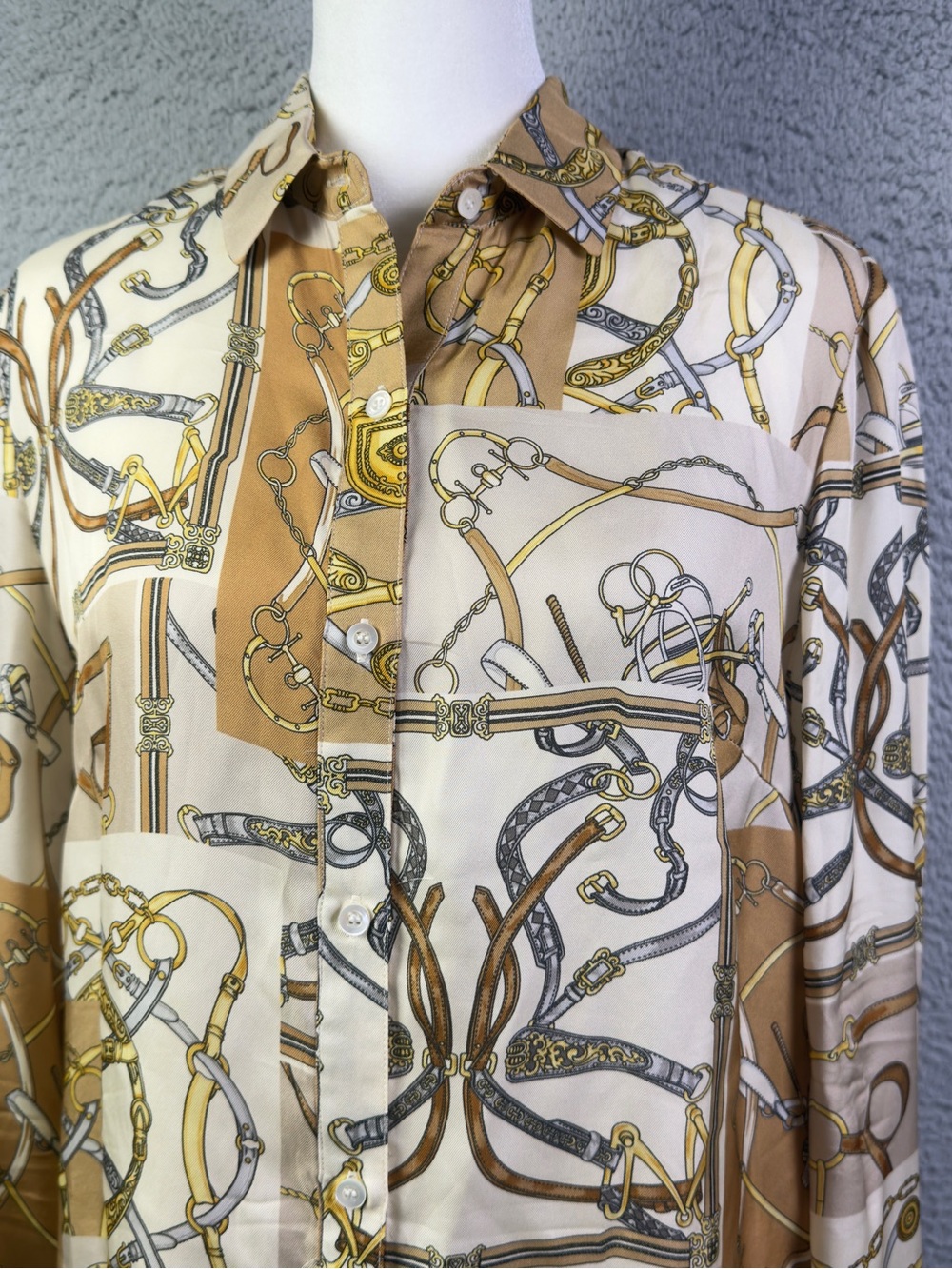 J McLaughlin Top Women XS Tan Brown Rope Belts AOP Silk Blend Button Long Sleeve - Picture 2 of 8